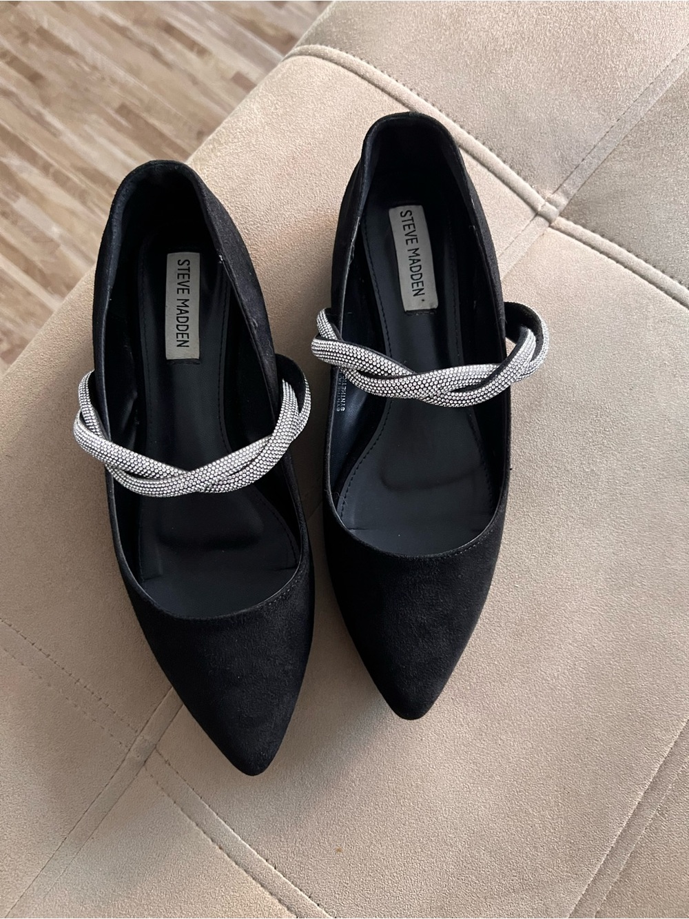 Steve Madden Black Suede Pointed Flats with Rhinestone Twist Strap